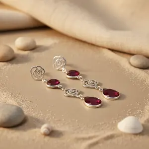 Boucles d'oreilles pendantes en argent 925 avec rubis pour femmes - Product Image 2