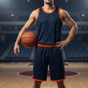 Conjunto de Uniforme de Baloncesto Azul Marino con Camuflaje Más Vendido - Jersey de Malla con Ribete Naranja y Pantalones Cortos para Equipos Adultos - Product Image 4