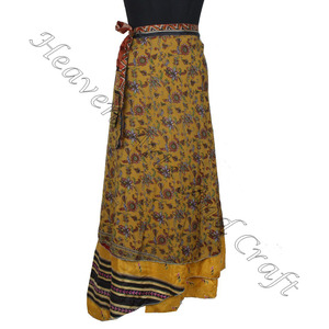 Nouvelles jupes portefeuille en soie indienne pour les femmes d'été portent Vintage soie Sari longue longueur jupe enveloppante 2 couches longueur réversible - Product Image 3