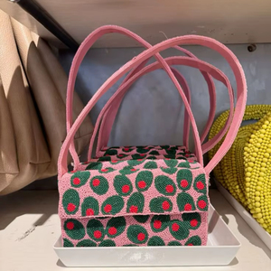 Sac à bandoulière en perles roses motif olive vert, sac à main perlé fait main, sac fourre-tout d'été pour femme, accessoires de mode personnalisés - Product Image 1