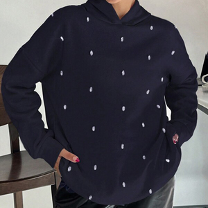 Sudadera con capucha de lana de gran tamaño para mujer, azul marino, adornos de diamantes de imitación, piedras grandes brillantes, ropa de calle con hombros caídos, Top - Product Image 6