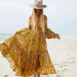 Printed Cotton Maxi Long Dress Long Sleeve Beach Wear Maxi Dress For Women