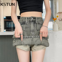 Jupe-short en jean vintage taille haute respirante 100 % coton délavé moyen coupe droite multi-poches à motifs diamants pour femme