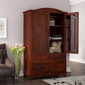 Grande armoire moderne en bois de teck massif fabriquée à la main avec miroir et armoire de rangement à 4 tiroirs pour hôtel - Product Image 1