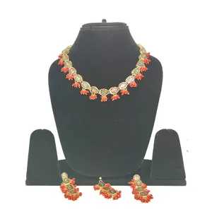 Parures de bijoux de mariée plaquées or 24 carats Kundan, collier rouge à une seule couche avec zircon pour mariage - Product Image 4