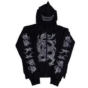 Venta al por mayor Hombres Mujeres Sudadera con capucha Full Zip up Rhinestone Oversized Streetwear Sudaderas - Product Image 5