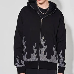 Ropa de calle personalizada de gran tamaño para hombre, Sudadera con capucha y cremallera de cara completa con diamantes de imitación, sudadera con cremallera de cara completa francesa de algodón - Product Image 5