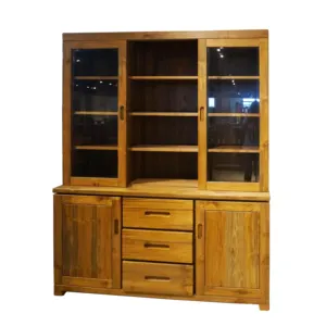 Mộc Mạc cũ tếch Tủ Sách kệ sách với 4 cửa ra vào và 3 ngăn kéo với phong gỗ cào cho nghiên cứu phòng
