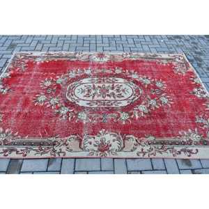 พรมขนาด 5.2x7.9 ฟุต, พรมวินเทจตุรกี, พรมลายอิคัตสีแดง - Product Image 3