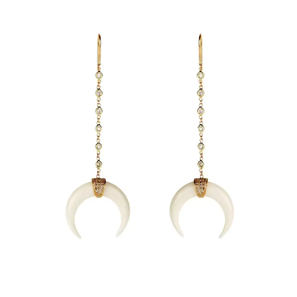 Latest Collection 14k Gold 0.53 carat Diamond Hot Design White Agate Horn Earrings At Wholesale Price