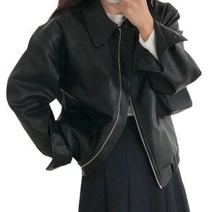 แจ็กเก็ตหนังแท้ผู้ชายสไตล์เกาหลี, เสื้อผ้าลำลองทรงหลวมแขนยาวดีไซน์ปกซิปขึ้นสไตล์ไฮสตรีท - Product Image 5