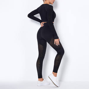 Conjunto de ropa activa de gimnasio para mujer de alta calidad, ropa de entrenamiento elástica para entrenamiento deportivo, Fitness sin costuras, Color negro, manga larga - Product Image 4