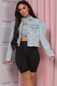 Top qualité usine directe Denim bleu Premium recadrée Denim veste à manches longues bouffantes conçu pour les femmes pour toutes les saisons confort - Product Image 6