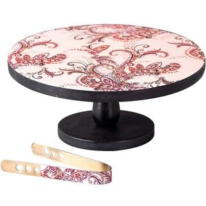 <b>Classy</b> Pattern Printed Solid Mango Wood Cake Pedestal Desert Display Stand With Enamel Coated on <b>Top</b> Surface Food Safe - Product Image 1