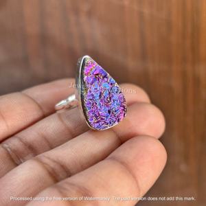 Bague en argent sterling 925 avec pierre précieuse pyrite druzy recouverte de violet original, tendance et très vendue, prix d'usine, bijoux pour femmes - Product Image 3