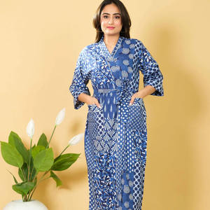 เสื้อคลุมอาบน้ำผ้าฝ้ายเนื้อนุ่มพิมพ์ลายสำหรับผู้หญิงชุดคลุมเอวสีครามพร้อมชุดกิโมโนยาวถึงเข่าสำหรับฤดูร้อน - Product Image 1