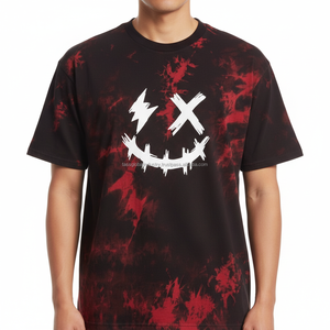 T-shirt tie-dye rouge et noir pour homme, motif visage souriant brodé style punk, coupe oversize, streetwear grunge, en coton, logo personnalisé OEM - Product Image 3