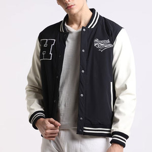Men's Navy White Varsity Jacket Regular Fit Embroidered Letter H HIGH STREET Style Stand Collar <b>Covered</b> <b>Button</b> Closure Winter - Product Image 1
