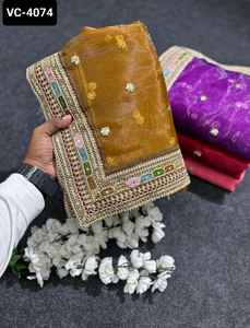 Ropa étnica india Seda de organza pura con Secuencia de múltiples hilos Bordado Borde de encaje Saree con blusa de seda Banglory de satén - Product Image 3