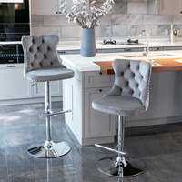 Ensemble de 2 tabourets de bar pivotants en velours capitonné, tabourets de bar à hauteur réglable avec base chromée et dossier pour îlot de cuisine, bar à domicile, comptoir