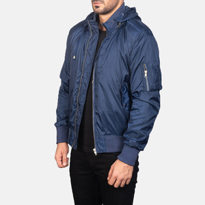 Keven Impex Unisex Navy Blue Hooded Bomber Jacket Full Sleeve Windproof Waterproof Breathable Polyester Winter Streetwear Zipper - Product Image 3
