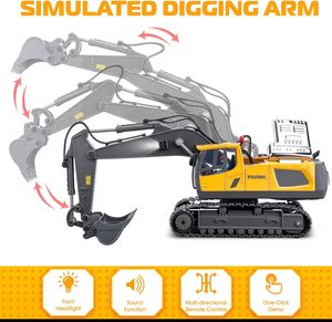 Jouets d'excavatrice télécommandés 1:20 pour garçons, rotation à 680 degrés, véhicules de construction avec pelle en métal, lumières, sons - Product Image 2