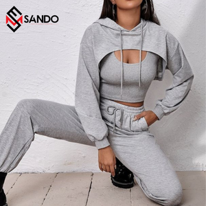 Ensemble pyjama 3 pièces, logo personnalisé, streetwear, sweat à capuche super court, pour femmes, collection 2020 - Product Image 3