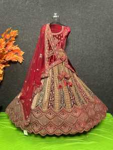 Lujoso terciopelo nupcial Lehenga Choli multicolor 12 Kali 5 metros Flair doble Dupatta Butti Jarakan Rajwadi Look Set - Product Image 6