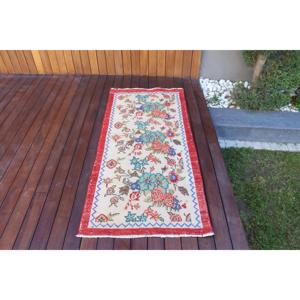 Turkish Rug, Small 2.5x4 ft Vintage Rug, <b>Red</b> Blue Ombr <b>Wool</b> Rug - Product Image 1