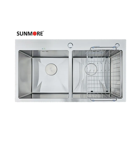 SUNMORE SM 7846 Fregadero de cocina de doble cuenco de montaje superior hecho a mano de acero inoxidable 304 de alta calidad Dos agujeros Acabado satinado cepillado Gris - Product Image 1