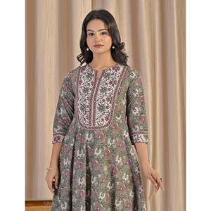 Robe Anarkali en coton imprimé à la main vert-gris, style ethnique indien pakistanais, avec dupatta cousu, sari - Product Image 1