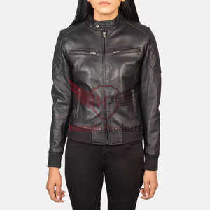 Veste en cuir véritable noir pour femme, col à boutons, en peau de mouton matelassée, poches zippées sur les épaules, style bomber, vêtement d'extérieur chaud personnalisé pour l'hiver - Product Image 4