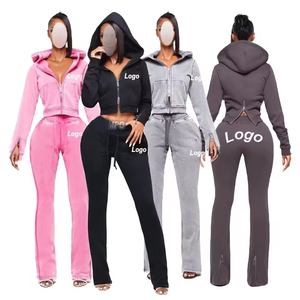 Custom Embroidery Logo Women Tracksuit High Quality Acid Washed <b>Cropped</b> Hoodie Set In Different Sizes - Product Image 2