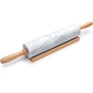 Polished Marble Rolling Pin with Wooden Cradle, Marble Rolling Pin with Base, Dough Marble Rolling Pin Set