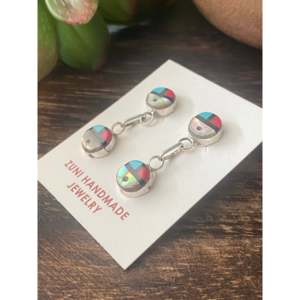 Boucles d'oreilles pendantes Zuni faites à la main avec pierres multicolores et argent sterling en forme de soleil - Product Image 4