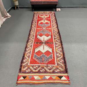 Vintage Turkish Herki <b>Runner</b> Rug 3x11.3 ft, <b>Red</b> Southwestern Rug Wool - Product Image 1