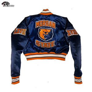 Chaqueta de calle de satén azul marino para hombres y mujeres con logotipos de equipo bordados con cuello levantado apto para invierno - Product Image 4