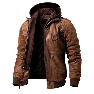 Chaqueta de cuero cortavientos personalizada de diseño original Chaqueta de cuero genuino de alta calidad de invierno con cuello polar marrón vintage - Product Image 1