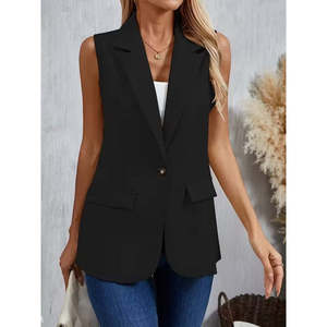 Veste en satin sans manches pour femme, col à bouton unique sur le devant, 32945 - Noir - Product Image 2