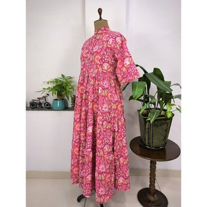 Belle Robe D't En Coton Boho Hauts De Blocs Imprims La Main Vtements Indiens Clapotis/Sketer En Coton Empire Waistline - Product Image 5