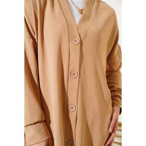 Cárdigan largo informal Aerobin para otoño Patrón sólido e impreso Material acrílico de talla grande con botones en la parte delantera Color galleta - Product Image 4