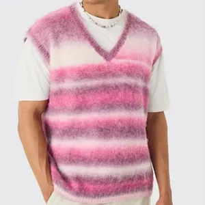 Spring fashion custom LOGO regular knitted brushed wool striped V neck plus size mohair men's sweater vest