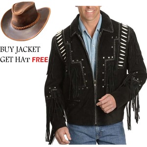 Best Looking OEM <b>Men's</b> Winter Casual Fringe <b>Suede</b> Leather <b>Jacket</b> High Quality Genuine Western Style Stand Collar Cowboy Style - Product Image 1