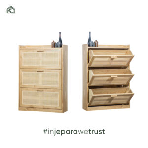 Armoire de rangement à chaussures d'entrée de luxe moderne à 3 portes en teck massif et en rotin, meubles pour la maison, le bureau, l'hôtel - Product Image 2