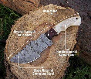 Cuchillo rastreador de hoja de acero de Damasco hecho a mano con mango de hueso y madera OEM/DIY personalizado compatible con Camping. - Product Image 3