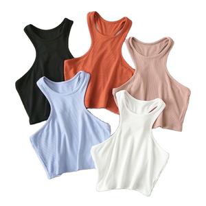 Top corto informal para mujer con cuello redondo logotipo personalizado tanque de algodón acanalado entrenamiento Fitness agujero decoración camisetas sin mangas de punto - Product Image 6