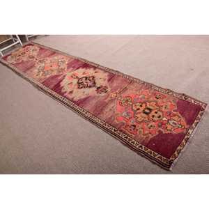 Turkish Vintage Herki Rug 2.8x11.9 ft (84x363 cm), <b>Red</b> Patchwork <b>Wool</b> Rug - Product Image 3