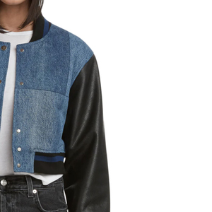 Street Wear Style <b>Denim</b> <b>Material</b> Made Women Crop Varsity Jacket / Leather Sleeve Crop Varsity Jacket For Women Wholesale Rate - Product Image 4