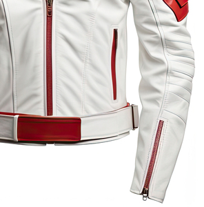 <b>White</b> Red Genuine Sheepskin <b>Shirt</b> Collar Zip-Up Belted Stylish Streetwear High Street Waterproof <b>Men's</b> Custom Latest Jacket - Product Image 4