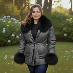 Veste matelassée en cuir véritable pour femme, motif à carreaux, fermeture éclair, épaisseur fine, col en fourrure de renard, coupe-vent, streetwear d'hiver - Product Image 3